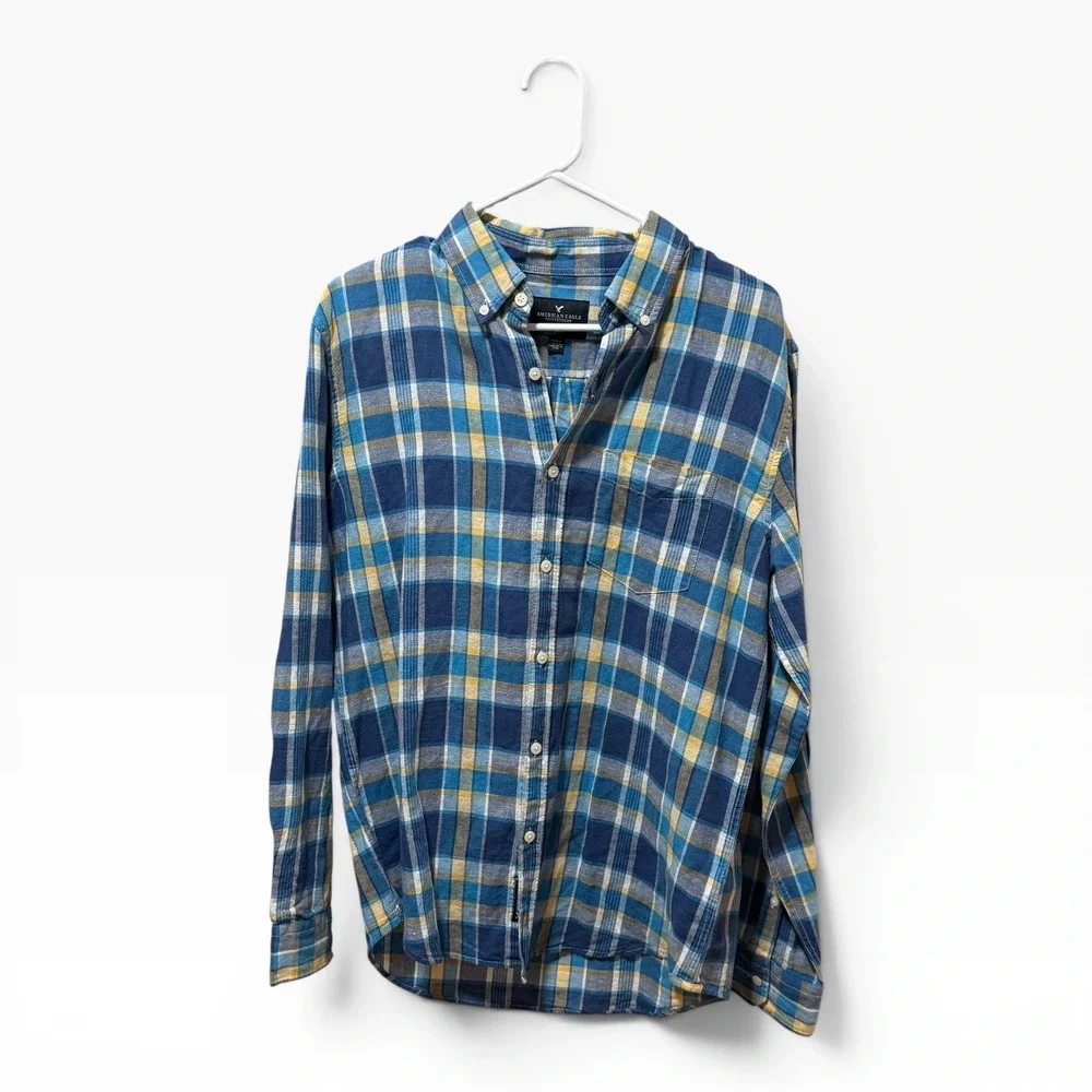 American Eagle Plaid Shirt Mens M Blue Yellow Excellent Seriously Soft Flannel